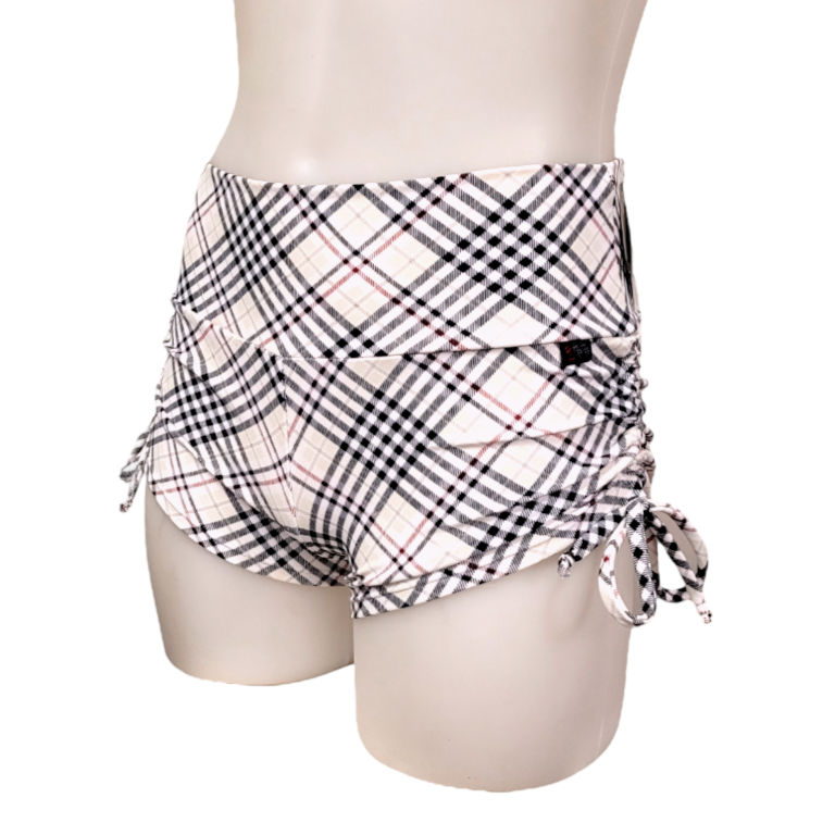High Waisted Side Tie/Scrunch Short in White Plaid