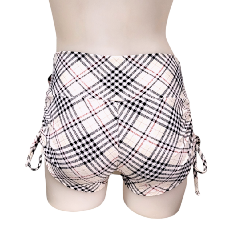 High Waisted Side Tie/Scrunch Short in White Plaid
